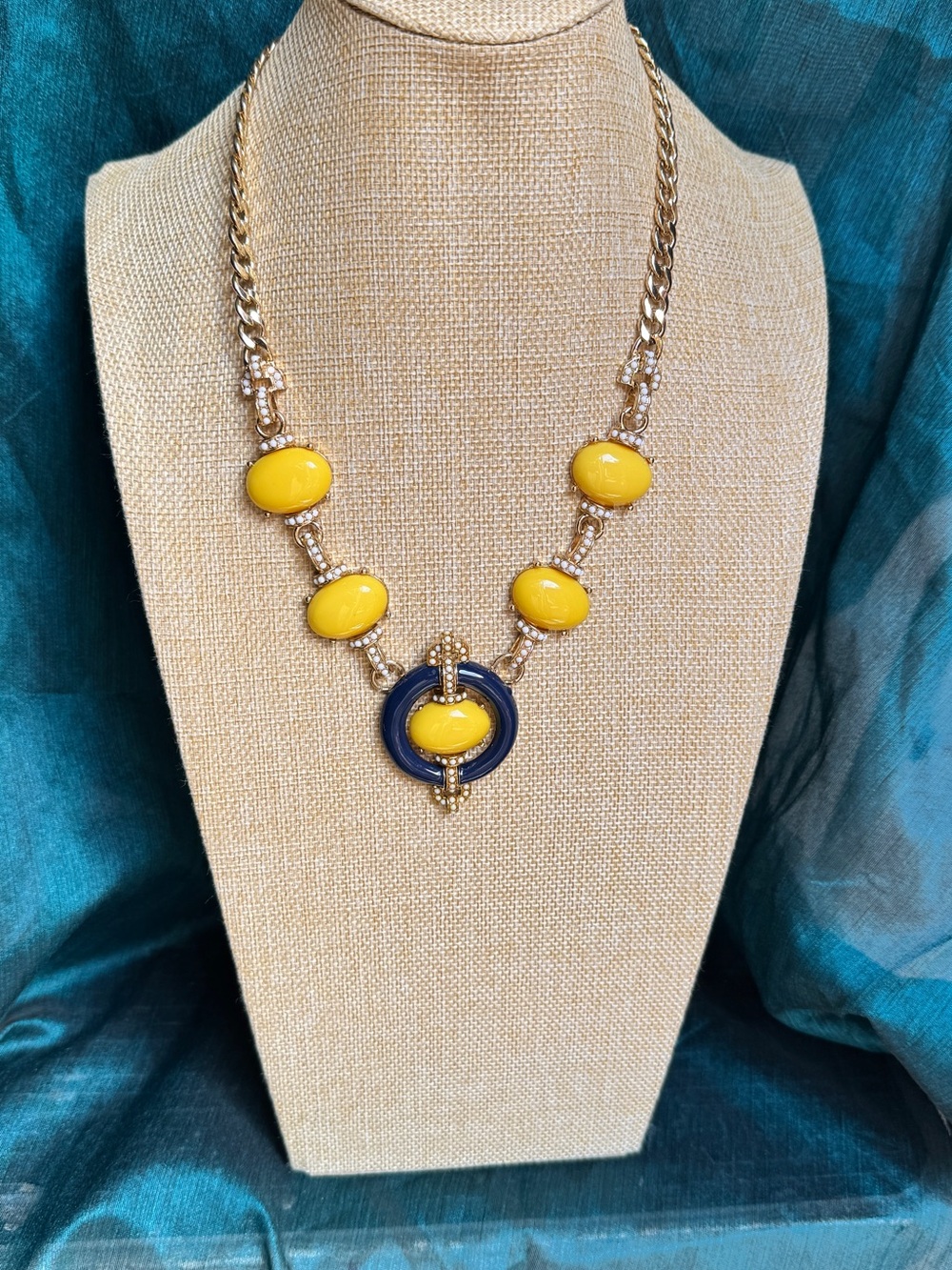Talbots Gold Chain Necklace & Earring Set with Yellow, Navy, and Faux Pearl